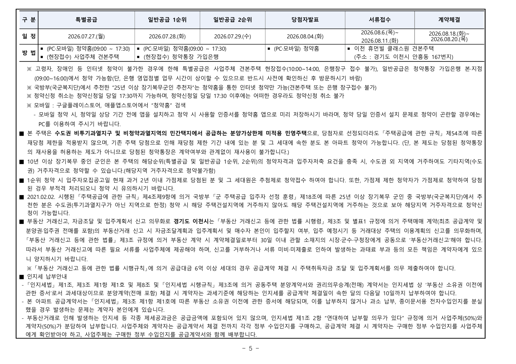 이천 휴먼빌 클래스원 공급금액·납부조건