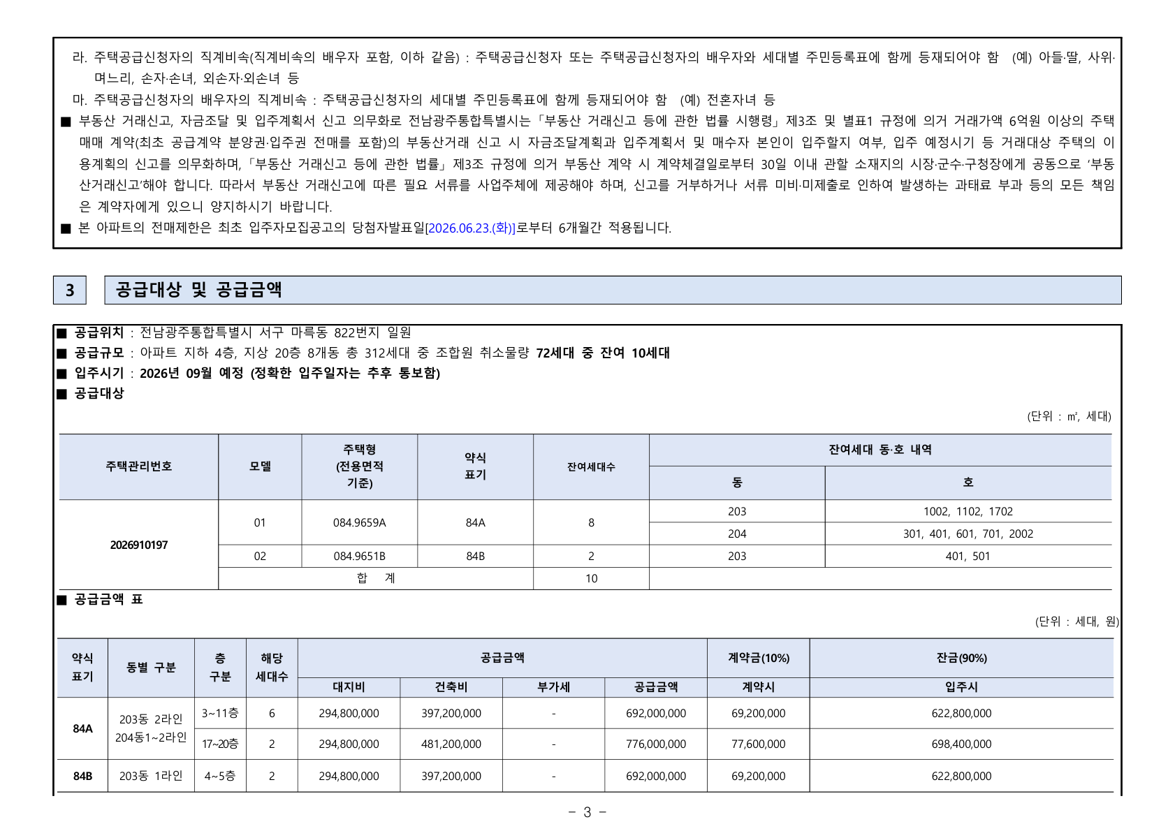 상무 양우내안애 퍼스트힐(조합원 취소분) 공급금액·납부조건