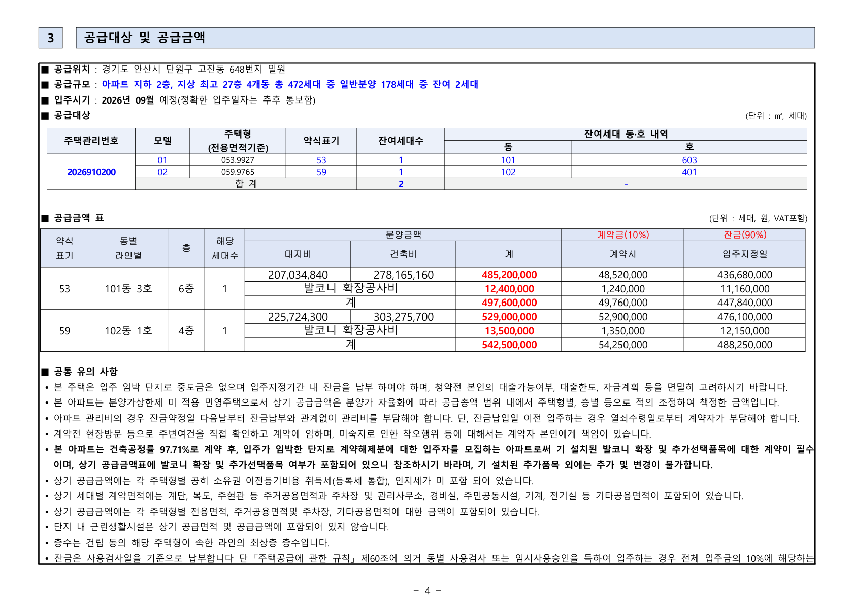 한화포레나 안산고잔2차 공급금액·납부조건